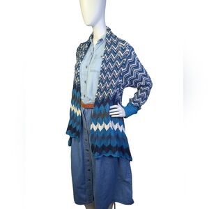 Western Blue Chevron Open Knit Cardigan | M | 100% Cotton
